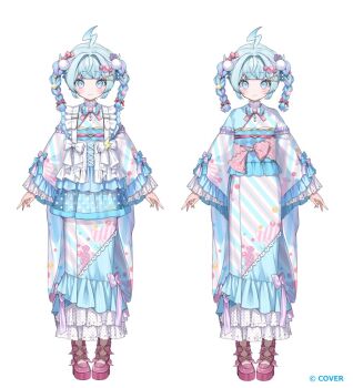 Rule 34 | 1girl, ahoge, blue eyes, blue hair, blue kimono, blunt bangs, bow, braid, candy print, commentary request, food print, footwear bow, frilled kimono, frills, hair ornament, hitomyan, hololive, hololive dev is, japanese clothes, kimono, lace, lace-trimmed kimono, lace trim, layered kimono, lightning ahoge, looking at viewer, mizumiya su, mizumiya su (new year), multicolored hair, nail polish, obi, official alternate costume, official alternate hairstyle, official art, pink shoes, pink streaks, platform heels, pom pom (clothes), pom pom hair ornament, sash, shoes, short hair, simple background, streaked hair, twin braids, variations, virtual youtuber, white background, wide sleeves
