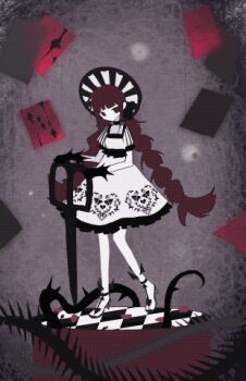 1girl animated animated_gif black_dress black_eyes brown_hair colored_skin dress floating floating_object frilled_dress frills full_body hat kamikiririp long_hair looping_animation lowres original solo standing thorns two-tone_dress two-tone_footwear two-tone_hat very_long_hair white_dress white_skin