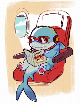 1boy absurdres airplane_interior artist_name blush commentary english_commentary english_text fins fish_tail highres holding holding_menu jeff_(marvel) marvel marvel_rivals menu neo_jpeg pawpads reading shark shark_fin shark_tail signature sitting star_(symbol) sunglasses tail window