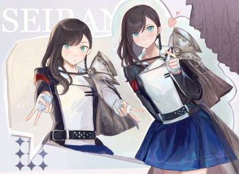 1girl aqua_background aqua_eyes arm_at_side armband armor asymmetrical_bangs belt black_belt black_hair black_jacket blue_skirt blush brown_background capelet closed_mouth commentary cowboy_shot curtains double_gyaru_v double_v earrings finger_heart fingerless_gloves floral_print gloves gradient_background grey_background grey_capelet group_name gyaru_v hair_behind_ear hair_over_shoulder hand_up hands_up heart highres jacket jewelry leaning_to_the_side long_hair long_sleeves looking_at_viewer miniskirt multicolored_jacket multiple_views outstretched_arms parted_lips pauldrons print_capelet red_armband shoujo_kageki_revue_starlight shoulder_armor side_capelet single_earring single_pauldron skirt sparkle_background standing studded_belt sukuuyu sweatdrop translated two-tone_jacket upper_body v waist_cape white_gloves white_jacket yanagi_koharu