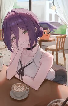 1girl absurdres arm_rest black_choker breasts cafe car chainsaw_man chair choker cleavage coffee coffee_mug cup elbow_rest green_eyes grin hair_bun head_rest highres ileong indoors latte_art looking_at_viewer medium_breasts motor_vehicle mug pochita_(chainsaw_man) purple_hair reze_(chainsaw_man) shirt short_shorts shorts sleeveless sleeveless_shirt smile table white_shirt window