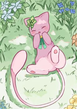 Rule 34 | absurdres, blue flower, closed eyes, colored skin, day, flower, gen 1 pokemon, grass, highres, illustrattyako, legendary pokemon, lying, mew (pokemon), mythical pokemon, nintendo, no humans, on back, outdoors, pink skin, pokemon, pokemon (creature), solo, tail, white flower