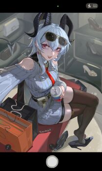 1girl absurdres crossed_legs feet grey_eyes grey_hair grin heart heart-shaped_pupils highres horns long_hair looking_at_viewer multicolored_eyes red_eyes see-through_clothes see-through_legwear shoe_dangle shoes smile sunglasses sunglasses_on_head symbol-shaped_pupils thighhighs two-tone_eyes unworn_shoes wuthering_waves yukiale zani_(wuthering_waves)
