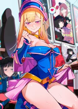 1girl averting_eyes barbell_piercing blonde_hair blue_boots blue_dress blue_hat blurry blurry_background boots breasts capelet center-flap_bangs cesar_art456 chair closed_mouth commentary cosplay dark_magician_girl dark_magician_girl_(cosplay) double-parted_bangs dress ear_piercing earrings embarrassed english_commentary furrowed_brow gaming_chair hand_up hat heart highres indoors industrial_piercing jewelry kitagawa_marin kneeling kuroe_shizuku large_breasts light_blush long_hair neck_ring pentacle piercing pink_capelet pink_eyes pink_skirt skirt skirt_hold solo sono_bisque_doll_wa_koi_wo_suru spoken_heart sweat swivel_chair wavy_mouth wizard_hat yu-gi-oh!
