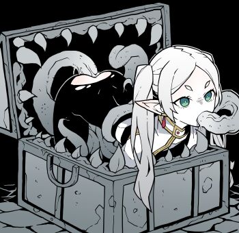 1girl absurdres akableak black_background earrings elf frieren green_eyes highres mimic oral pointy_ears sex sousou_no_frieren stuck teardrop_earrings teeth tentacles tongue torn_clothes torn_legwear vaginal