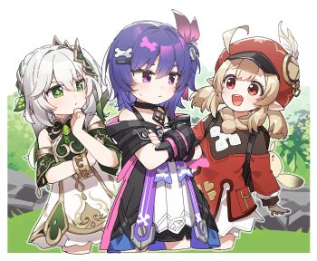 Rule 34 | 3girls, :d, ahoge, arm warmers, backpack, bag, bag charm, black arm warmers, black cape, black capelet, black choker, black dress, black shorts, blonde hair, bloomers, blush, border, bracelet, braid, brown bag, brown gloves, bush, cape, capelet, charm (object), choker, closed mouth, clover print, coat, cowboy shot, cropped legs, cross-shaped pupils, crossed arms, detached sleeves, dodoco (genshin impact), dress, eyelashes, gem, genshin impact, gloves, gold bracelet, gold trim, gradient ribbon, grass, green eyes, green gem, green hair, green sleeves, hair between eyes, hair intakes, hair ornament, hair ribbon, hairclip, hand on own chin, hat, hat feather, highres, jewelry, klee (genshin impact), leaf hair ornament, long hair, long sleeves, looking at another, low twintails, medium hair, multicolored hair, multiple girls, nahida (genshin impact), newsboy cap, open mouth, pink cape, pink ribbon, pocket, pointy ears, pom pom (clothes), prune (genshin impact), purple eyes, purple hair, purple ribbon, randoseru, red coat, red eyes, red hat, ribbon, rock, screw hair ornament, short shorts, short sleeves, shorts, side ponytail, sidelocks, sleeveless, sleeveless dress, smile, standing, streaked hair, sweatdrop, symbol-shaped pupils, teeth, thinking, twintails, two-sided cape, two-sided capelet, two-sided fabric, underwear, upper teeth only, white bloomers, white border, white dress, white hair, yukie (kusaka shi)