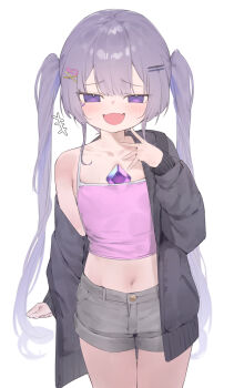 1girl camisole commentary flat_chest hair_ornament hairclip highres hololive hololive_english jacket koseki_bijou long_hair mesugaki midriff navel open_clothes purple_eyes purple_hair short_shorts shorts simple_background smile smug solo symbol-only_commentary theflatfacadeds twintails white_background