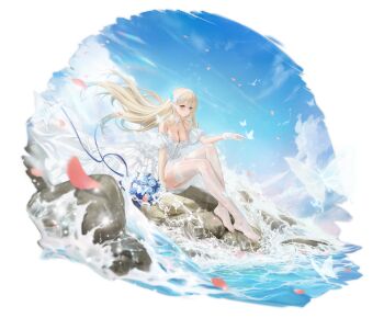 Rule 34 | back, blonde hair, bug, butterfly, dress, elastic, falling, feathers, floating, frills, highres, holding, insect, lace, layered, lexington, no, non-web source, official art, satin, see-through clothes, sitting, strapless, transparent, wedding, wet