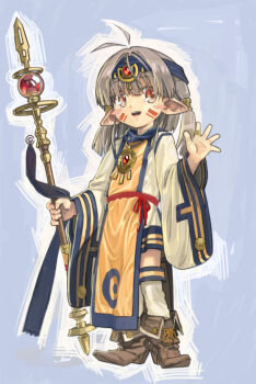 1girl antenna_hair blue_headband blush_stickers boots brown_boots brown_hair commentary_request facepaint fantasy full_body gold_ring hair_between_eyes hair_intakes hair_ornament headband high_heel_boots high_heels holding holding_staff jewelry kneehighs long_sleeves looking_at_viewer medium_hair multicolored_kneehighs multicolored_robe okuribi open_mouth original pendant pointy_ears red_eyes red_sash ring robe sash smile socks solo staff standing tabard teeth unfinished upper_teeth_only waving wide_sleeves