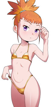 1girl absurdres bad_tag bikini blush breasts cowboy_shot digimon digimon_tamers female_focus gold_bikini gold_micro_bikini gssaturday highleg highleg_bikini highres loli looking_at_viewer makino_ruki micro_bikini navel orange_hair ponytail purple_eyes simple_background small_breasts solo standing stomach swimsuit thighs thong thong_bikini toei_company white_background wide_hips