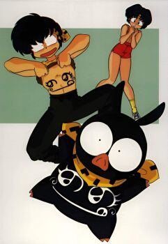 Rule 34 | 1girl, animal, artist request, bandana, full body, hibiki ryouga, highres, legs, official art, open mouth, p-chan (ranma 1/2), pig, ranma 1/2, red shorts, short hair, shorts, socks, tattoo, tendou akane, white footwear, yellow bandana, yellow socks