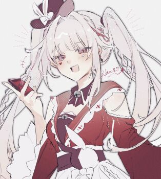 1girl bell clothing_cutout diamond_on_cheek grey_background hat heart_on_cheek highres honkai:_star_rail honkai_(series) kino-cands multicolored_hair red_eyes red_streaks shoulder_cutout sparkle_(honkai:_star_rail) sparxie_(honkai:_star_rail) streaked_hair twintails watermark white_hair