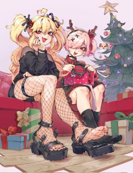 2girls ? ahoge animal_collar antlers ball_gag black_choker black_hairband black_nails black_sandals black_shorts black_socks black_sweater blonde_hair blush bow box bracelet choker christmas_tree collar collared_shirt commentary couch ear_piercing elbow_rest english_commentary fake_antlers fang feet fishnet_pantyhose fishnets foot_focus gag gift gift_art gift_box hair_between_eyes hair_bow hair_ornament hair_over_one_eye hairband hand_on_own_cheek hand_on_own_face head_rest high_heel_sandals highres holding horns jewelry k-rha's long_hair long_sleeves looking_at_viewer mephi_(yeougui) multiple_girls multiple_rings nail_polish no_shoes off-shoulder_sweater off_shoulder on_couch one_eye_covered open_mouth original pantyhose piercing pink_hair red_eyes red_shirt reindeer_antlers ring sandals shirt shorts sitting smile socks soles spiked_bracelet spikes studded_thigh_strap sweat sweater thigh_strap toenail_polish toenails toes turn_pale twintails very_long_fingernails very_long_hair violett_(k-rha) wiffle_gag wooden_floor x_hair_ornament