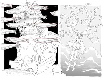 a.i._voice absurdly_long_hair adachi_rei bare_shoulders belt breasts closed_mouth collared_shirt commentary detached_sleeves dot_nose double-parted_bangs drawstring fish frown full_body greyscale hair_between_eyes hatsune_miku highres jacket jacket_partially_removed long_hair long_sleeves looking_ahead loose_belt lying medium_hair miniskirt monochrome muleungdowon_(display6789) necktie ocean on_back one_side_up open_clothes open_jacket pleated_skirt ringed_eyes sardine shaded_face shirt sidelocks sketch skirt sleeveless sleeveless_shirt small_breasts thighhighs turtleneck untranslatable_commentary upper_body utau very_long_hair vocaloid wing_collar zettai_ryouiki