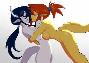 2girls ^_^ blue_hair breasts breasts_squeezed_together closed_eyes commentary completely_nude dragon_girl english_commentary from_side highres hug imminent_kiss long_hair multiple_girls nude original pointy_ears ponytail qtip_xd red_hair sunny_(qtip_xd) tongue tongue_out yuri