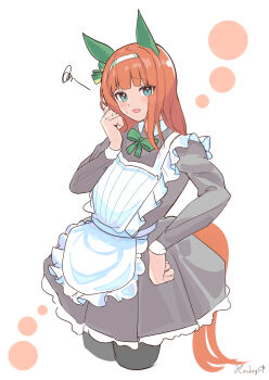 1girl absurdres animal_ears apron black_dress black_pantyhose blue_eyes blunt_bangs blush dress ear_covers green_eyes hairband highres hime_cut hinokey_(hinokey0126) horse_ears horse_girl horse_tail long_hair long_sleeves looking_at_viewer maid maid_apron open_mouth orange_hair orange_tail pantyhose silence_suzuka_(umamusume) solo tail umamusume white_apron white_hairband