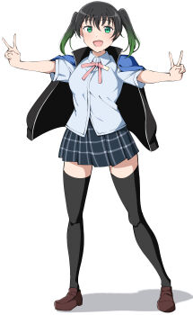 1girl :d absurdres black_hair black_thighhighs blue_shirt blue_skirt breasts brown_shoes collared_shirt commentary double_v gradient_hair green_eyes green_hair highres jacket jacket_on_shoulders loafers looking_at_viewer love_live! love_live!_nijigasaki_high_school_idol_club medium_breasts medium_hair miniskirt multicolored_hair neck_ribbon nijigasaki_school_uniform nijigasaki_track_jacket open_mouth outstretched_arms pink_ribbon plaid_clothes plaid_skirt pleated_skirt ribbon school_uniform shadow shirt shoes short_sleeves simple_background skirt smile solo standing summer_uniform takasaki_yu thighhighs track_jacket twintails uchuu_no_mozuku v white_background zettai_ryouiki