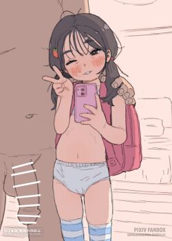 1girl bar_censor black_hair censored highres hood hoodie legs loli original panties penis possummachine sweat testicles thighhighs thighs twintails underwear white_panties