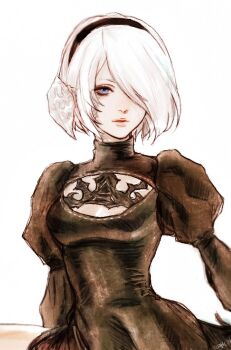 1girl 2b_(nier:automata) au_ra black_dress black_hairband blue_eyes breasts cleavage cleavage_cutout clothing_cutout dragon_horns dress final_fantasy final_fantasy_xiv hair_over_one_eye hairband horns juliet_sleeves long_sleeves medium_breasts nier:automata nier_(series) oyatsuredgray puffy_sleeves short_hair solo turtleneck turtleneck_dress twitter_username upper_body white_background white_hair
