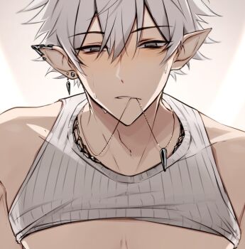 Rule 34 | 1boy, 1hp club, biting, chain, chain necklace, commentary, double-parted bangs, earrings, elfboiii, english commentary, grey eyes, hair between eyes, half-closed eyes, head tilt, highres, jewelry, looking at viewer, male focus, multiple earrings, necklace, necklace in mouth, obi (1hp club), paid reward available, pectoral cleavage, pectorals, shirt, short hair, solo, toned, toned male, undressing, upper body, white hair, white shirt