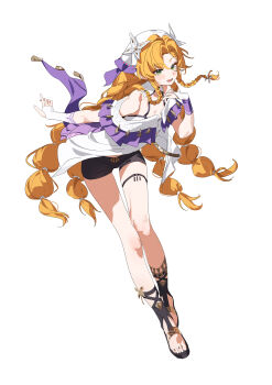 1girl absurdres bare_shoulders black_shorts blush braid commentary_request feishi fingerless_gloves full_body gloves green_eyes highres jacket long_hair looking_at_viewer open_mouth orange_hair partial_commentary shorts sigrika_(wuthering_waves) simple_background smile solo veil white_background white_gloves white_jacket white_veil wuthering_waves