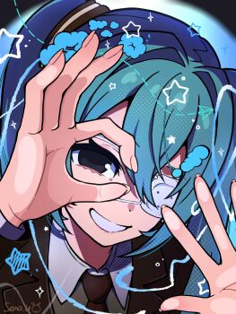 1girl aqua_hair artist_name brown_jacket brown_necktie eyepatch fingernails grey_eyes hair_between_eyes hair_intakes hatsune_miku highres jacket long_hair medical_eyepatch monitoring_(vocaloid) necktie ok_sign ok_sign_over_eye paper_airplane shirt smile solo sparkle star_(symbol) teeth twintails upper_body uzuki_sena vocaloid white_shirt