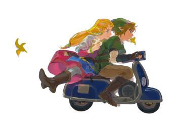 1boy 1girl arm_around_waist armor banana banana_in_mouth banana_peel blonde_hair blue_eyes boots brown_boots brown_gloves brown_pants chainmail crossed_ankles dress driving eating floating_hair flying_sweatdrops food food_on_face fruit gloves hair_ribbon link lip_(lih8) long_hair mario_(series) mario_kart nintendo on_scooter pants pink_dress pointy_ears princess_zelda profile ribbon riding short_hair sidelocks sidesaddle sitting the_legend_of_zelda the_legend_of_zelda:_skyward_sword tunic white_background