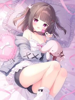 1girl :d bare_shoulders black_bow black_choker black_shorts blunt_bangs blush bow bow_legwear brown_hair candy choker collarbone commentary_request commission cross-laced_clothes cross-laced_sleeves feet_out_of_frame food grey_jacket heart heart_choker highres holding holding_candy holding_food holding_lollipop holding_stuffed_toy indie_virtual_youtuber jacket lollipop long_sleeves looking_at_viewer lying multicolored_hair nekoboshi_yuki off_shoulder on_bed on_side open_clothes open_jacket open_mouth pillow pink_eyes pink_hair shirt short_hair short_shorts shorts skeb_commission sleeve_bow sleeveless sleeveless_shirt smile socks solo streaked_hair stuffed_animal stuffed_rabbit stuffed_toy tokaku_uni two-tone_hair two_side_up virtual_youtuber white_bow white_shirt white_socks
