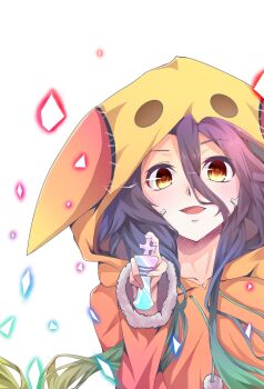 1girl android animal_hoodie chess_piece furry fuzzy_balls glowing glowing_eyes hair_between_eyes highres hood hoodie looking_at_viewer multicolored_hair no_game_no_life no_game_no_life_zero purple_hair shuvi_(no_game_no_life) smile yellow_eyes