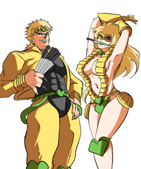 1boy 1girl 2021 5:6 abs armband armpits arms_up bare_shoulders belt blonde_hair bracelet breasts choker cleavage dio_brando earrings eye_mask fingernails genderswap genderswap_(mtf) gloves green_belt green_headband green_thong hand_on_own_hip headband heart highres holding holding_knife humanized jewelry jojo_no_kimyou_na_bouken knee_pads knife knife_in_mouth large_breasts long_hair looking_at_viewer mask matching_hair/eyes mouth_hold muscular muscular_male navel open_clothes pants pectorals revealing_clothes sharp_fingernails shounen_jump sideboob simple_background skin_tight smile smirk stand_(jojo) stardust_crusaders suspenders teeth the_world thighs thong tight_clothes tinafate1 underwear vampire white_background yellow_eyes yellow_gloves