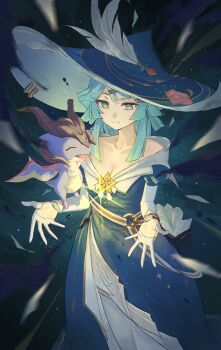 Rule 34 | 1girl, absurdres, andersdotter (genshin impact), blue dress, blue eyes, blunt bangs, breasts, cleavage, closed mouth, clothing cutout, commentary request, dragon, dress, elbow gloves, elmo (st elmomomo), genshin impact, glove cutout, gloves, half gloves, hat, highres, looking at animal, medium hair, mini durin (dragon) (genshin impact), mini durin (genshin impact), short sleeves, smile, white gloves, witch, witch hat