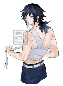 1boy absurdres back bandages belt black_hair black_pants blue_eyes commentary cowboy_shot empty_eyes from_behind highres kimetsu_no_yaiba long_hair looking_at_viewer low_ponytail male_focus mouth_hold pants ponytail simple_background soboru_jmt solo spiked_hair standing sweat symbol-only_commentary teeth tomioka_giyuu toned toned_male turning_head watermark white_background white_belt