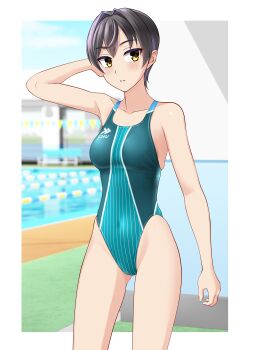 1girl absurdres aqua_one-piece_swimsuit black_hair breasts brown_eyes commentary_request competition_swimsuit covered_navel cowboy_shot gluteal_fold groin highleg highleg_one-piece_swimsuit highres indoors lane_line medium_breasts one-piece_swimsuit original pool short_hair solo standing swimsuit takafumi two-tone_swimsuit variant_set