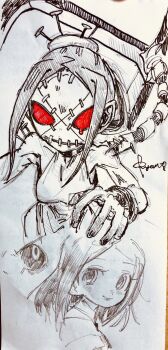 1girl black_sclera blush carol_(skullgirls) colored_sclera cuffs cyborg graphite_(medium) long_hair mask painwheel_(skullgirls) pen_(medium) portrait red_eyes ryantoruhuhu shackles skullgirls smile solo teardrop traditional_media veins