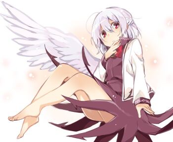 1girl akagashi_hagane bare_legs barefoot bottomless covering_own_mouth floating full_body grey_hair invisible_floor kishin_sagume legacy_of_lunatic_kingdom looking_at_viewer red_eyes short_hair simple_background single_wing solo touhou wings