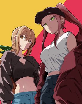 2girls black_shrug black_tank_top blue_pants breasts commentary_request denim frown green_eyes green_ribbon hair_between_eyes hair_ribbon high_ponytail highres inda_karane jacket kimi_no_koto_ga_dai_dai_dai_dai_daisuki_na_100-nin_no_kanojo large_breasts long_hair looking_at_viewer midriff multiple_girls nanraka navel off_shoulder orange_hair pants ponytail red_background red_hair red_jacket ribbon shirt shrug_(clothing) sleeveless sleeveless_shirt small_breasts stomach tank_top torotoro_kishika very_long_hair white_tank_top yellow_background yellow_eyes