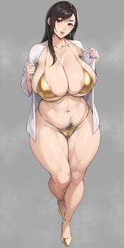 1girl alternate_body_size areola_slip armpit_hair bikini black_hair breasts cameltoe cleavage collarbone commentary_request curvy excessive_pubic_hair female_pubic_hair final_fantasy final_fantasy_vii full_body gold_bikini grey_background high_heels highres huge_breasts jewelry lips long_hair long_sleeves looking_at_viewer mature_female micro_bikini nanabe_78 navel parted_lips pendant plump pubic_hair purple_nails red_eyes revision ring shirt sidelocks simple_background smile solo standing sweat swimsuit thick_thighs thighs tifa_lockhart wet white_shirt