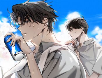 2boys bag black_eyes black_hair can collared_shirt drink drink_can hinizana holding holding_drink kim_dokja looking_at_viewer male_focus multiple_boys omniscient_reader&#039;s_viewpoint shirt shirt_tug short_hair shoulder_bag sweat upper_body white_shirt yoo_joonghyuk