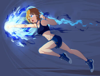 1girl absurdres blonde_hair blue_collar blue_eyes blue_fire blue_shoes blue_shorts blue_sports_bra breasts charging_forward collar commentary_request converse fire flaming_hand full_body glowing glowing_eye heterochromia highres hip_bones kiritachi_kuu kuthird346 medium_breasts midriff narrow_waist navel open_mouth original punching shoes shorts sneakers solo sports_bra wristband yellow_eyes
