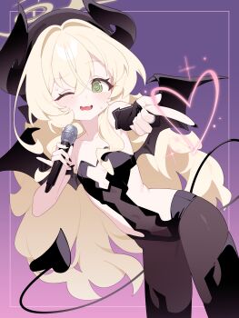 1girl @_@ absurdres alternate_costume bare_shoulders black_hat black_leotard black_nails black_pantyhose black_wings blonde_hair blue_archive blush covered_navel cowboy_shot crossed_bangs demon_girl demon_tail demon_wings elbow_gloves fingerless_gloves gloves hair_between_eyes hair_intakes halo hat heart highres holding holding_microphone honi_(honi1010) horns leotard loli long_hair microphone nail_polish one_eye_closed pantyhose pointing pointing_at_viewer professor_niyaniya_(blue_archive) single_elbow_glove solo sparkle tail wavy_mouth wings yellow_eyes yellow_halo