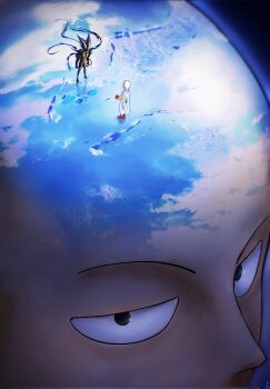 2boys aqiu_0710 bald close-up commentary english_commentary garou_(one-punch_man) highres male_focus monster_boy multiple_boys one-punch_man reflection saitama_(one-punch_man) superhero_costume transformation upper_body water