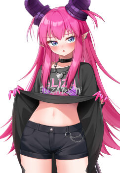 1girl baseball_bat bike_shorts black_shirt blue_eyes bracelet choker clothes_lift colored_fingertips commentary_request dragon_girl dragon_horns dragon_tail earrings elizabeth_bathory_(fate) elizabeth_bathory_(perfect)_(fate) elizabeth_bathory_(perfect)_(first_ascension)_(fate) fate/grand_order fate_(series) highres horns hoshino_reiji jewelry lifting_own_clothes long_hair long_shirt looking_at_viewer multiple_earrings nail_(hardware) nail_bat navel necklace open_mouth pink_hair pointy_ears print_shirt ribbon ring shirt shirt_lift shoes shorts simple_background solo stomach streetwear t-shirt tachi-e tail very_long_hair white_background