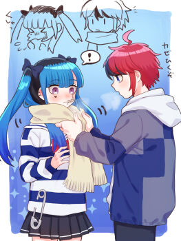 ! 1boy 1girl ahoge amemiya_darumi black_bow black_hair black_pants black_skirt black_streaks blue_eyes blue_hair blue_jacket blush bow breath cold commentary ear_piercing facial_mark giving grey_hair grey_jacket hair_bow head_only heart heart_facial_mark highres hood hoodie jacket jacket_over_hoodie long_hair makeup miniskirt momo_(momo_2muco) multicolored_hair multicolored_jacket open_clothes open_jacket pants piercing pink_eyes red_hair safety_pin scarf short_hair skirt sneezing spoken_exclamation_mark streaked_hair striped_clothes sumino_takumi the_hundred_line_-last_defense_academy- twintails two-tone_hair two-tone_jacket white_hoodie yellow_scarf