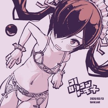 1girl backbeako_(torotei) backbeard blush bow bow_panties bra breasts commentary cowboy_shot dated dated_commentary garter_belt gegege_no_kitarou gloves hair_over_one_eye hair_ribbon kono_lolicon_domome loli long_hair looking_at_viewer maid_headdress monochrome navel open_mouth original paid_reward_available panties pink_background pink_theme pointy_ears ribbon simple_background small_breasts solo stomach thigh_gap torotei translated twintails underwear underwear_only watermark web_address
