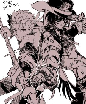 2boys aiming aiming_at_viewer atiti_monti back-to-back boothill_(honkai:_star_rail) cowboy_hat cu_chulainn_(fate) cu_chulainn_(honkai:_star_rail)_(fate) cu_chulainn_(lancer)_(fate) cyborg fate/stay_night fate_(series) fur-trimmed_jacket fur_trim gae_bolg_(fate) greyscale grin gun hair_over_one_eye hair_slicked_back hand_on_own_hat handgun hat highres holding holding_gun holding_polearm holding_weapon honkai:_star_rail honkai_(series) jacket long_sleeves looking_at_viewer low_ponytail male_focus monochrome multicolored_hair multiple_boys polearm ponytail sharp_teeth simple_background sketch smile spear streaked_hair teeth two-tone_hair v-shaped_eyebrows weapon zipper_pull_tab