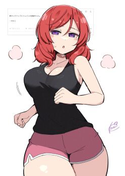1girl black_shirt black_tank_top blush bouncing_breasts breasts cleavage gym_shorts highres japanese_text jogging kooei large_breasts love_live! love_live!_school_idol_project medium_hair nishikino_maki open_mouth pink_shorts purple_eyes red_hiar request_inset shirt short_shorts shorts signature sleeveless sleeveless_shirt solo standing sweat tank_top thick_thighs thighs white_background