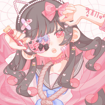 Rule 34 | 1girl, animal ear hairband, animal ears, asymmetrical sleeves, bandaid, bandaid hair ornament, black bow, black hair, black sailor collar, blue bow, blue neckerchief, blunt bangs, blush, bow, boxcutter, cat ear hairband, cat ears, choker, colored inner hair, commentary request, crossed bandaids, eyepatch, fake animal ears, flower, flower choker, frilled eyepatch, grid background, hair bow, hair ornament, hairband, heart, heart eyepatch, heart hair ornament, heart in eye, highres, hitose rei, holding, holding boxcutter, jacket, long hair, long sleeves, looking at viewer, multicolored hair, neckerchief, noose, open mouth, original, pearl hairband, pill hair ornament, pink bow, pink choker, pink flower, pink hair, pink jacket, portrait, red eyes, sailor collar, shirt, simple background, solo, symbol in eye, tareme, teeth, tongue, two-tone hair, uneven sleeves, upper teeth only, watermark, white background, white shirt