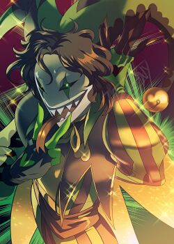clown formal_clothes green_eyes green_suit harlequin_(the_freak_circus) highres looking_at_viewer open_mouth shirt smile suit teeth the_freak_circus upper_body yellow_shirt