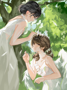 2girls absurdres angel angel_wings bare_shoulders black_hair brown_eyes brown_hair commentary_request dress evzeva hand_up highres long_hair looking_at_another looking_at_viewer low_twintails multiple_girls original outdoors parted_lips short_hair sleeveless sleeveless_dress tiara tree twintails white_dress white_wings wings