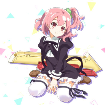 1girl assault_lily black_ribbon blush brown_shoes closed_mouth commentary_request emuushi hitotsuyanagi_riri juliet_sleeves kneeling loafers long_sleeves looking_at_viewer one_side_up pink_hair puffy_sleeves red_eyes ribbon ribbon-trimmed_thighhighs ribbon_trim shoes short_hair smile solo thighhighs triangle weapon white_background white_thighhighs
